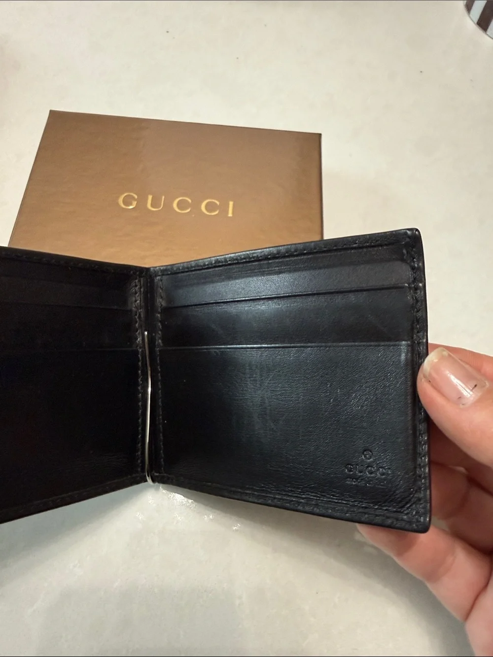 Gucci Black Leather Money Clip with Red & Green Stitching
